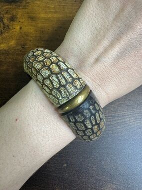 Vintage Textured Wood Bangle Bracelet with Brass